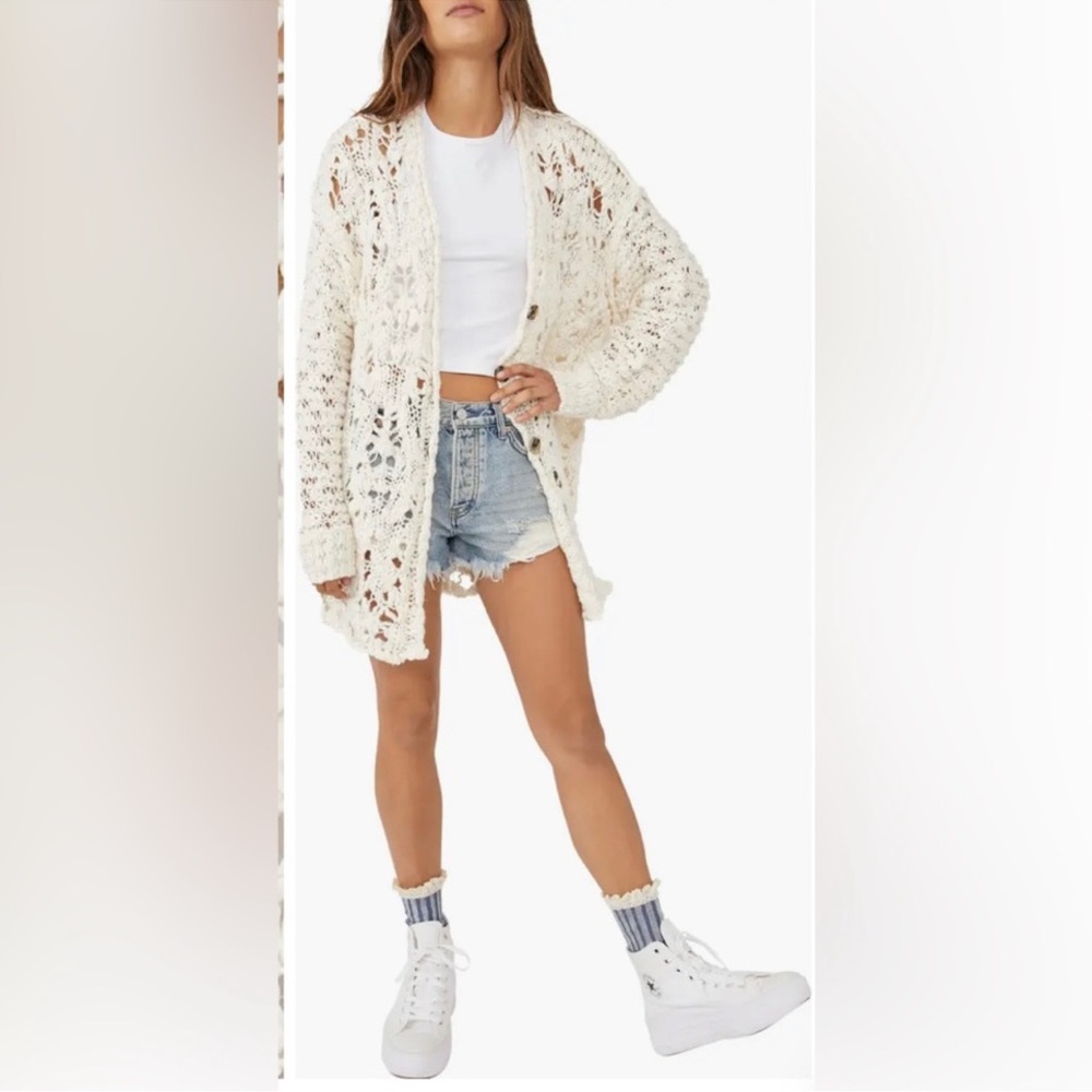 FREE PEOPLE IMELDA CROCHET OPEN KNIT BUTTON CARDIGAN SWEATER IVORY XS